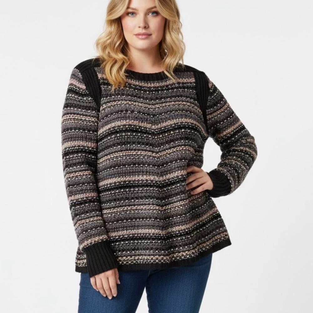 New Hatley Medium Striped Black & Gold Wide Hem Swing Sweater Thick Heavy Warm